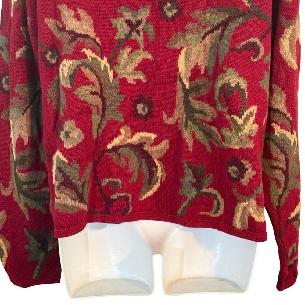Talbots Red Leaf Design Cotton & Ramie Blend Zip Up Cardigan Sweater sz Large - Picture 3 of 16